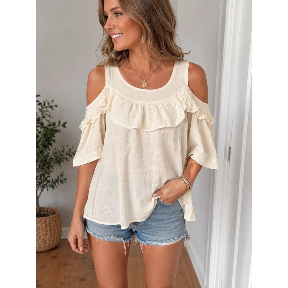NWT Tulip B Ivory Cold Shoulder Ruffle Rayon Blouse Women's Large Boho